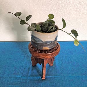 May include: A Hoya plant with variegated green leaves in a cylindrical ceramic pot featuring a landscape pattern of cream, blue, and dark grey. The pot rests on a circular wooden stand with three carved legs and a floral-patterned top surface.