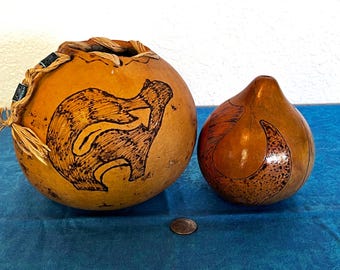 2 Vintage Folk Art Decorative Dried Gourds, Each Gourd Fire-Etched, 7" & 5.5"