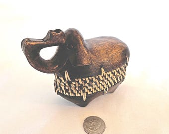 Vintage Elephant Shaped Small Trinket Box, Carved Wood, Wicker Trim, 4" x 5"