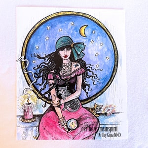 Witch & Cats Night Spell Color Print Original Pagan Witchy Wicca Art by Gina M Unframed Celtic Goddess Cat Home Decor 8.5&quot; x 10&quot;