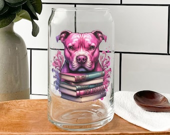 Pit Bull Dog & Book Lover Glass Can - Personalized Gift for Pitbull Lover - 16oz Iced Coffee Cup Drinkware