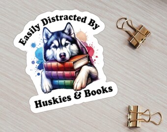 Siberian Husky Sticker Dog Reading Book Sticker Cute Huskies Stickers Laptop Sticker Hydro Flask Water Bottle Sticker for Book Lover