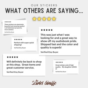 May include: Five customer reviews for stickers with five stars. The reviews highlight the quality, speed of shipping, and customer service. The text "The Scarlet Giraffe" is at the bottom of the image.