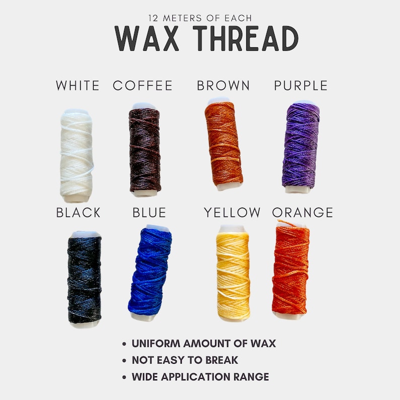 May include: Twelve spools of waxed thread, each 12 metres long, in the colours white, coffee, brown, purple, black, blue, yellow, and orange. The text "12 meters of each Wax Thread" is at the top of the image.