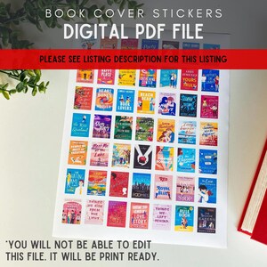 May include: A digital PDF file of book cover stickers. The stickers feature colorful covers of popular books, including "Heart Bones" by Colleen Hoover, "Beach Read" by Emily Henry, and "Red, White & Royal Blue" by Casey McQuiston. The file is print-ready and includes a note that it cannot be edited.