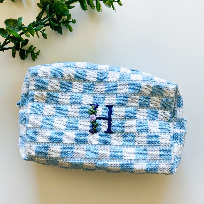 Personalized Monogram Pencil Pouch for Book Lovers Custom Embroidered Small Checkered Zip Bag for Annotation Kit Supplies Gift for Her Monogram + Full Kit