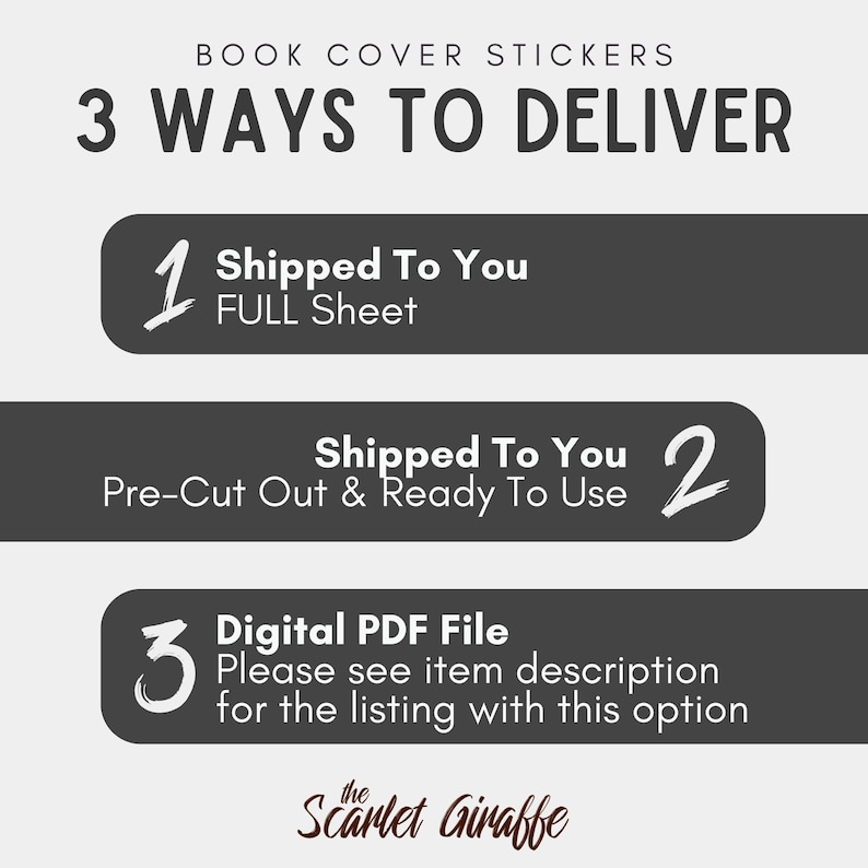 May include: A graphic showing three ways to deliver book cover stickers. Option 1: Shipped to you as a full sheet. Option 2: Shipped to you pre-cut and ready to use. Option 3: Digital PDF file. The Scarlet Giraffe logo is at the bottom.