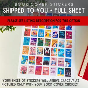 Puede incluir: Una hoja completa de pegatinas de portada de libros con t&iacute;tulos de libros populares. Las pegatinas est&aacute;n dispuestas en una cuadr&iacute;cula y incluyen una variedad de g&eacute;neros, como romance, misterio y ficci&oacute;n contempor&aacute;nea. Las pegatinas est&aacute;n impresas en papel blanco y tienen un acabado brillante.