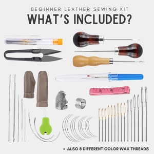 May include: Leather sewing kit with tools and supplies, including needles, thimbles, awls, thread, scissors, and a measuring tape. The text "WHAT'S INCLUDED?" is at the top of the image. The text "ALSO 8 DIFFERENT COLOUR WAX THREADS" is at the bottom of the image.