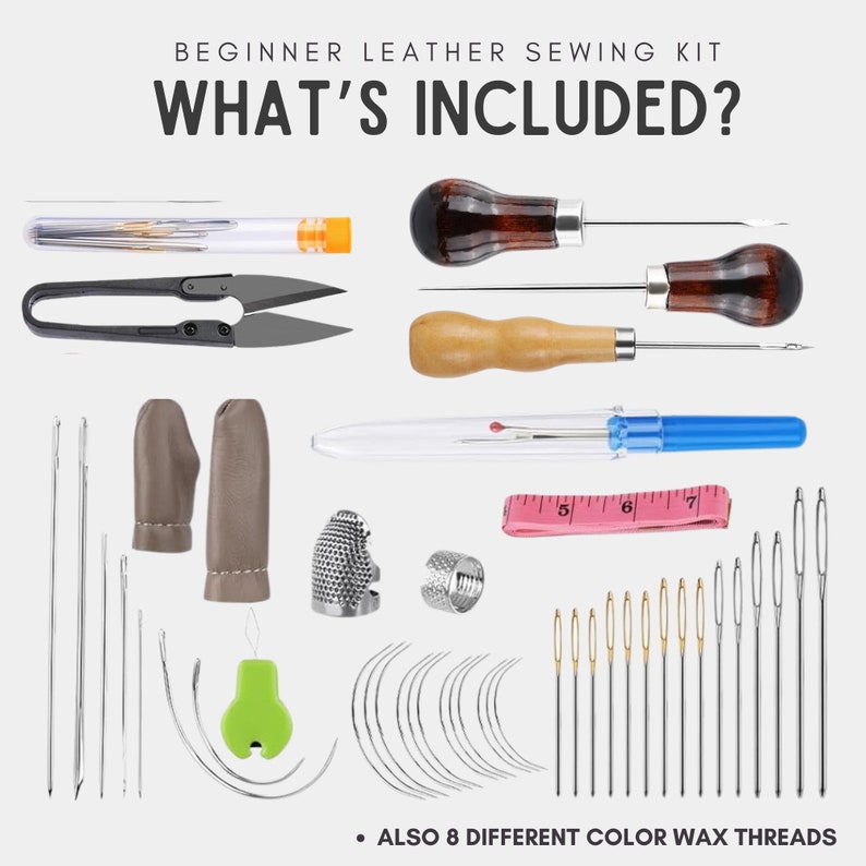 May include: Leather sewing kit with tools and supplies, including needles, thimbles, awls, thread, scissors, and a measuring tape. The text "WHAT'S INCLUDED?" is at the top of the image. The text "ALSO 8 DIFFERENT COLOUR WAX THREADS" is at the bottom of the image.