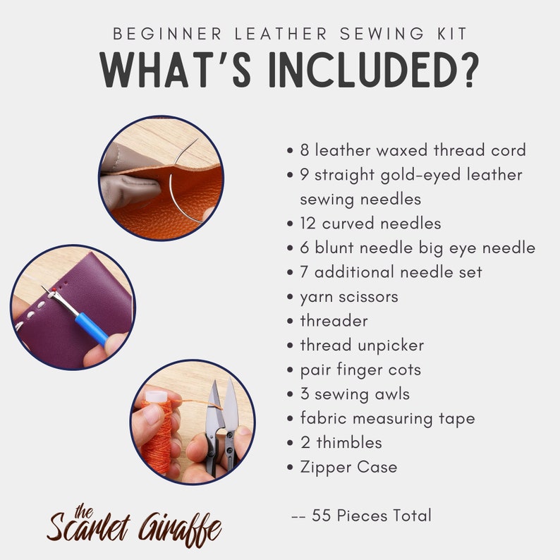 May include: Beginner leather sewing kit containing 55 pieces, including leather thread cord, needles, scissors, awls, thimbles, and a zipper case. The kit is pictured with various tools and materials for leather sewing.