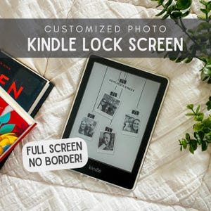 May include: A black and white Kindle e-reader with a custom photo lock screen. The screen displays a collage of photos with a white border and a string hanging from each photo. The text "HEATHER'S KINDLE" is at the top of the screen.