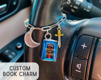 Custom Mini Book Steering Wheel Charm with Personalized Initial - Handmade Bookish Theme Gift for Reader, Book Lover, Reading Booklover