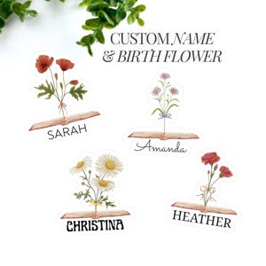 Custom Birth Flower Book Sticker, Personalized Name Sticker for Book Lover, Laptop Water Bottle Tumbler Gift, Back to School Decal