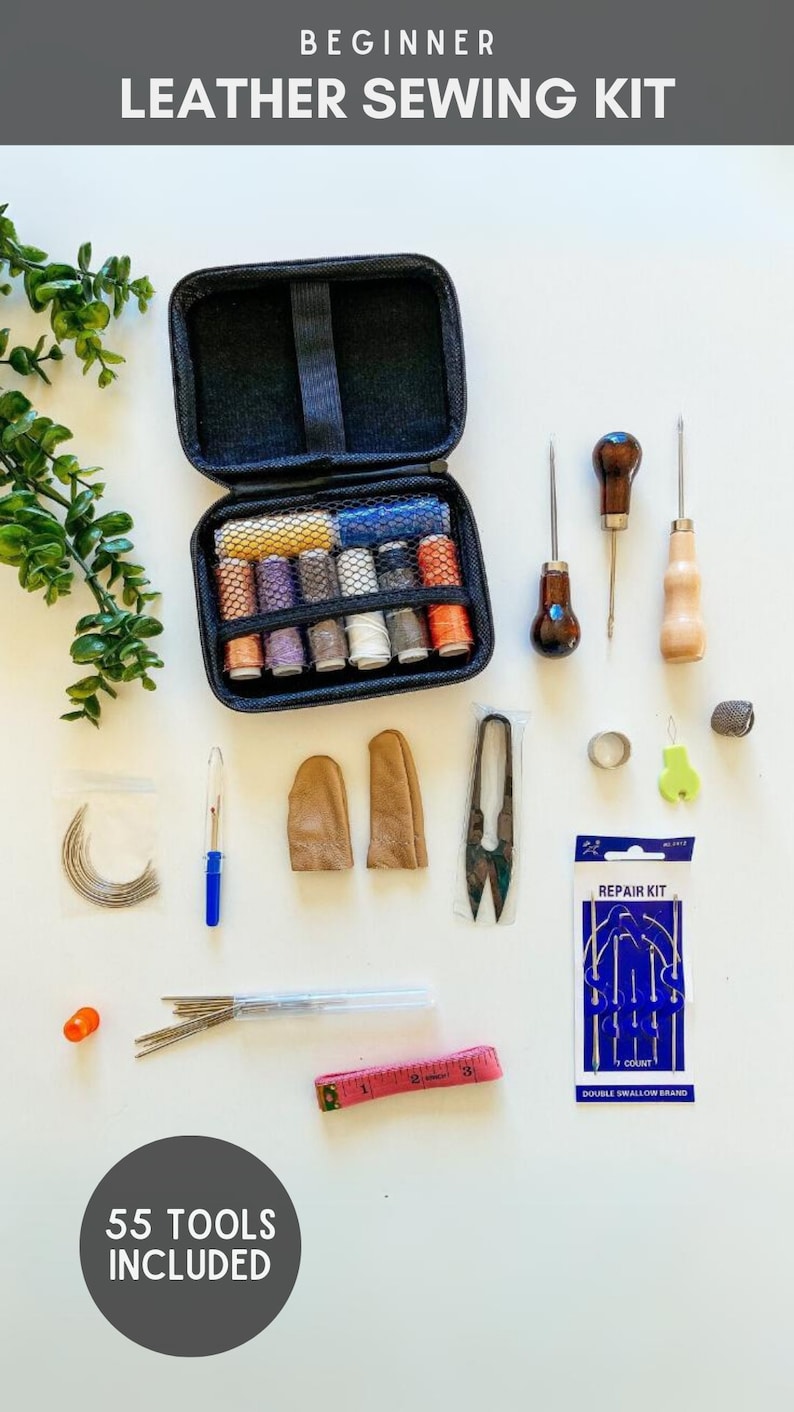 May include: A beginner's leather sewing kit containing 55 tools. The kit comes in a black carrying case and includes needles, thread, thimbles, awls, a ruler, and more.