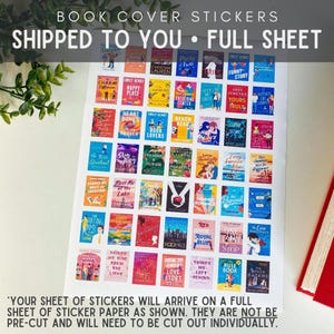 May include: A full sheet of book cover stickers featuring various popular novels. The stickers are colorful and feature illustrations of the book covers. The sheet is not pre-cut and will need to be cut out individually. "Your sheet of stickers will arrive on a full sheet of sticker paper as shown. They are not be pre-cut and will need to be cut out individually."