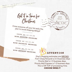May include: A white informational card with brown text reading Get it in time for Christmas, listing shipping deadlines for 12.10.26, 12.11.26, and 12.14.26. It features a vintage postal stamp graphic and a yellow warning triangle icon.