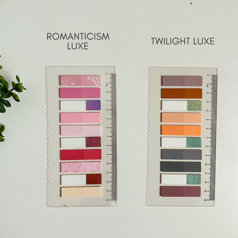 May include: Two sets of colorful sticky notes with different patterns and designs. The set on the left is labeled "ROMANTICISM LUXE" and the set on the right is labeled "TWILIGHT LUXE".