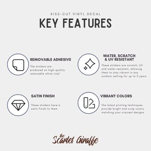 May include: Key features of kiss-cut vinyl decals, including removable adhesive, water, scratch, and UV resistant, satin finish, and vibrant colours. The text "the Scarlet Giraffe" is at the bottom of the image.