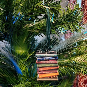 May include: A miniature stack of eight book ornaments by Sarah J. Maas, including The Assassin's Blade, Throne of Glass, Crown of Midnight, Heir of Fire, Queen of Shadows, Empire of Storms, Tower of Dawn, and Kingdom of Ash, hanging by a green ribbon.