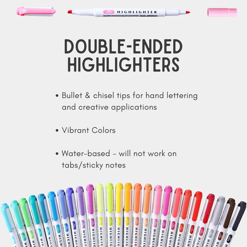 May include: A set of 24 double-ended highlighters with chisel and bullet tips. The highlighters are arranged in a row and feature a variety of vibrant colors. The text "HIGHLIGHTER" is visible on the top of the image.