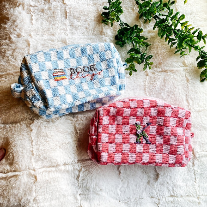 Personalized Monogram Pencil Pouch for Book Lovers Custom Embroidered Small Checkered Zip Bag for Annotation Kit Supplies Gift for Her image 1