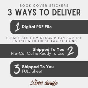 Puede incluir: Un gr&aacute;fico que muestra tres formas de entregar pegatinas para portadas de libros: archivo PDF digital, precortadas y listas para usar, y hoja completa. El texto "3 Ways to Deliver" est&aacute; en la parte superior del gr&aacute;fico. El texto "The Scarlet Giraffe" est&aacute; en la parte inferior del gr&aacute;fico.