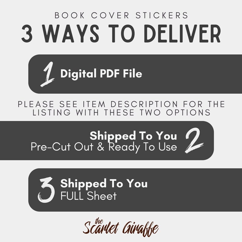 Puede incluir: Un gr&aacute;fico que muestra tres formas de entregar pegatinas para portadas de libros: archivo PDF digital, precortadas y listas para usar, y hoja completa. El texto "3 Ways to Deliver" est&aacute; en la parte superior del gr&aacute;fico. El texto "The Scarlet Giraffe" est&aacute; en la parte inferior del gr&aacute;fico.