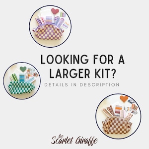 May include: Three different sized zippered pouches with checkered patterns in purple, green, and brown. Each pouch is filled with various stationery supplies, including pens, stickers, and washi tape. The text "Looking for a larger kit? Details in description" is displayed below the pouches.