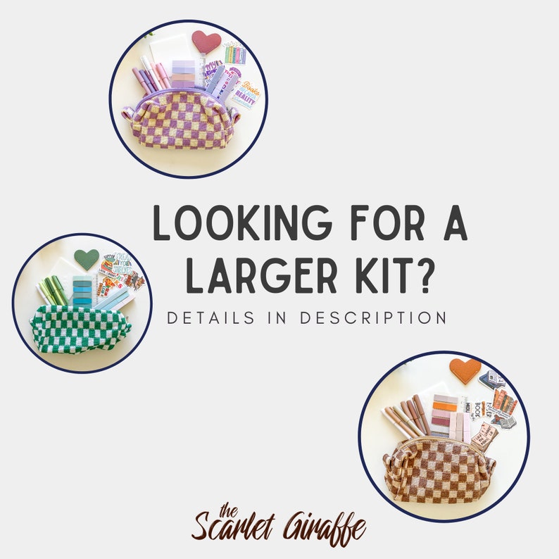 May include: Three different sized zippered pouches with checkered patterns in purple, green, and brown. Each pouch is filled with various stationery supplies, including pens, stickers, and washi tape. The text "Looking for a larger kit? Details in description" is displayed below the pouches.