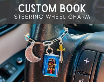Custom Mini Book Steering Wheel Charm with Personalized Initial - Handmade Bookish Theme Gift for Reader, Book Lover, Reading Booklover