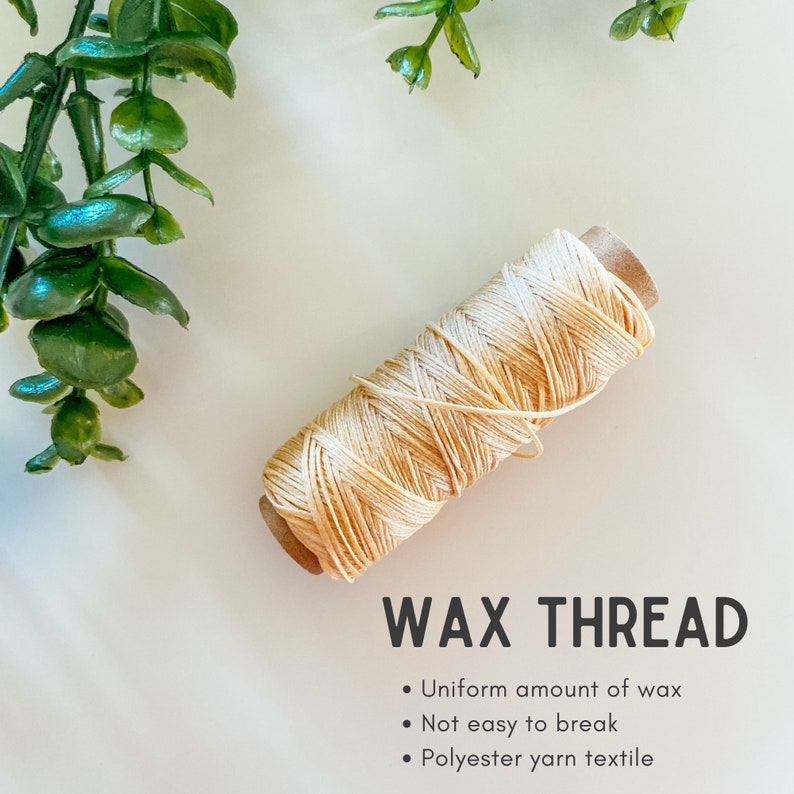 May include: A spool of beige wax thread, with the text "WAX THREAD" below. The text also lists the features: uniform amount of wax, not easy to break, and polyester yarn textile. Green leaves are in the background.