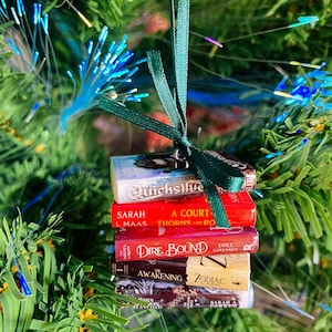 May include: A miniature stack of five book ornaments tied together with a dark green satin ribbon. The spines feature titles including Quicksilver, A Court of Thorns and Roses, Dire Bound, The Awakening Zodiac Academy, and When Hatched.