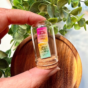 May include: A miniature glass cloche with a cork base containing two tiny stacked books. The top book is pink and orange with the text A Court of Splintered Harmony by Sarah J. Maas. The bottom book is yellow and green with the text A Court of Forgotten Melody by Sarah J. Maas.