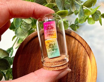 May include: A miniature glass cloche with a cork base containing two tiny stacked books. The top book is pink and orange with the text A Court of Splintered Harmony by Sarah J. Maas. The bottom book is yellow and green with the text A Court of Forgotten Melody by Sarah J. Maas.