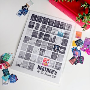 May include: A framed print titled "Heather's To Be Read List" featuring a grid of book covers in grayscale. Scattered around are colorful miniature book-shaped stickers. A red book and greenery are in the background.