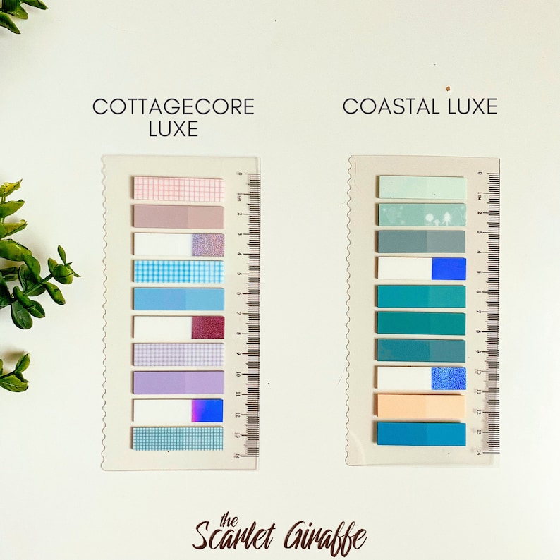 May include: Two sets of decorative sticky notes with different themes. The set on the left is labeled "Cottagecore Luxe" and features pastel pink, purple, and blue patterned notes. The set on the right is labeled "Coastal Luxe" and features blue, green, and white patterned notes.