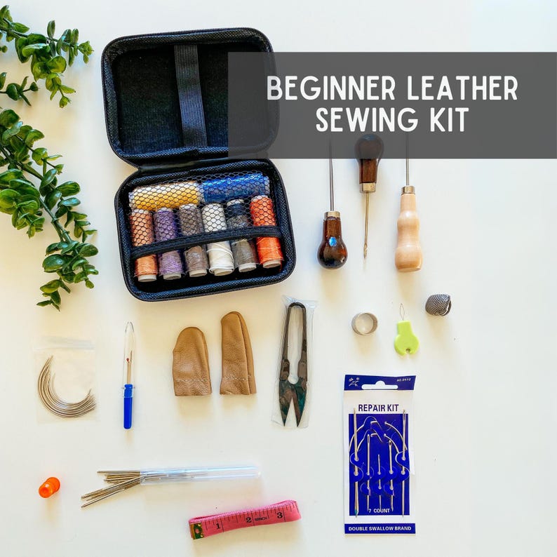 May include: Beginner Leather Sewing Kit containing a range of tools and supplies, including needles, thread, thimbles, awls, and a small ruler. The kit is neatly stored in a black carrying case.