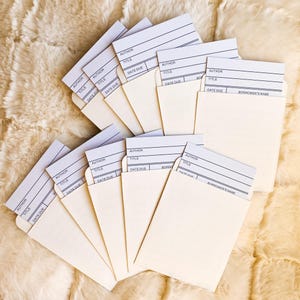 Bolsillos para tarjetas con fecha de vencimiento para préstamo de libros de la biblioteca con respaldo autoadhesivo, etiquetas para regalos para invitaciones, organización, álbumes de recortes, libros, marcapáginas únicos