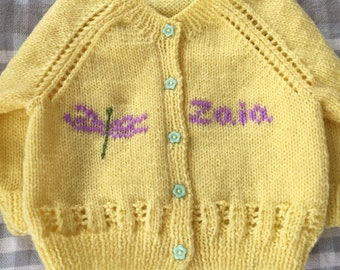 Personalized Gift ANY NAME Text Hand Knitted Baby Girl Personalised Cardigan Dragonfly Customized Sweater Customised Jumper Bespoke Handknit
