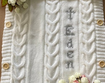 Personalised Cable Knit Baby Christening Hooded Blanket Pram Wrap Throw Sleeping Bag Keepsake with Silver Cross