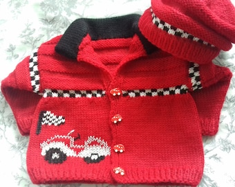 Rally Car Personalised Any NAME Hand Knitted Baby Boy Collar Sweater & Hat Set Personalised Cardigan Customized Jumper New Baby Shower Gift