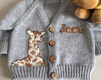 Personalized Gift ANY NAME Color Size Hand Knitted Baby Boy Girl Sweater Giraffe Personalised Cardigan Customzed Jumper Monogrammed Handmade