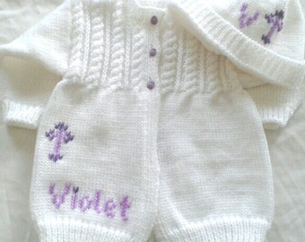 Christening Baptism Personalized Gift Any Name & Size Hand Knitted Baby Boy Girl Cables Sweater and Hat with Crosses