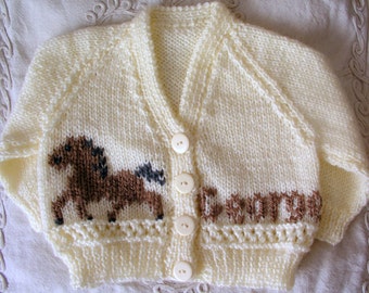 Unisex Personalized Gift ANY NAME Color & Size Hand Knitted Baby Boy or Girl Sweater Horse