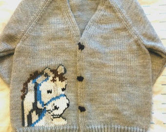 Personalized Gift ANY NAME Color Size Hand Knitted Baby Boys Girls Sweater Personalised Cardigan Customized Jumper Horse Head Embroidery