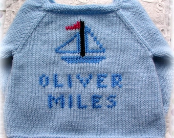 Personalized Gift ANY NAME Personalised Cardigan Customized Coat  Hand Knitted Baby Boy Sweater Back Fastening Sail Boat