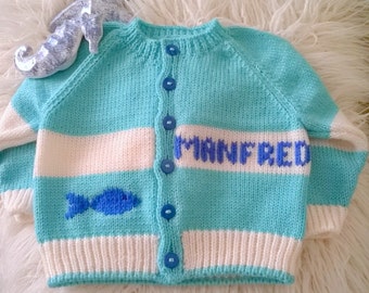 Personalized Gift ANY NAME Hand Knitted Baby Boy Girl Sweater Fish Toddler Cardigan Custom made knit Unisex Baby Shower Present Twins