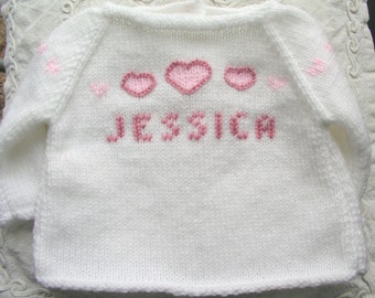 Bespoke Personalised Gift ANY NAME Personalised CardiganHand Knitted Baby Girl Lovehearts Sweater