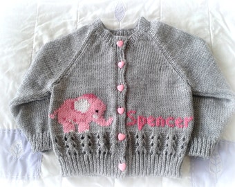 Personalized Gift ANY NAME Color & Size Hand Knitted Baby Girl Boy Elephant Sweater Personalised Cardigan Jumper